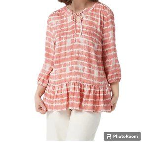 Denim & Co. Woman's pink Tie Dye Tie V-Neck Peplum 3/4 sleeve top sz L